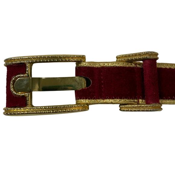 Vintage Burgundy Velvet Leather Belt Gold Trim 35" Made in USA - Picture 5 of 8